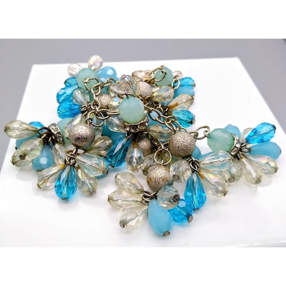 Vintage Mermaid Blue Bib Necklace, Silver Tone Chain with Faceted Crystal Cluste - Picture 2 of 4